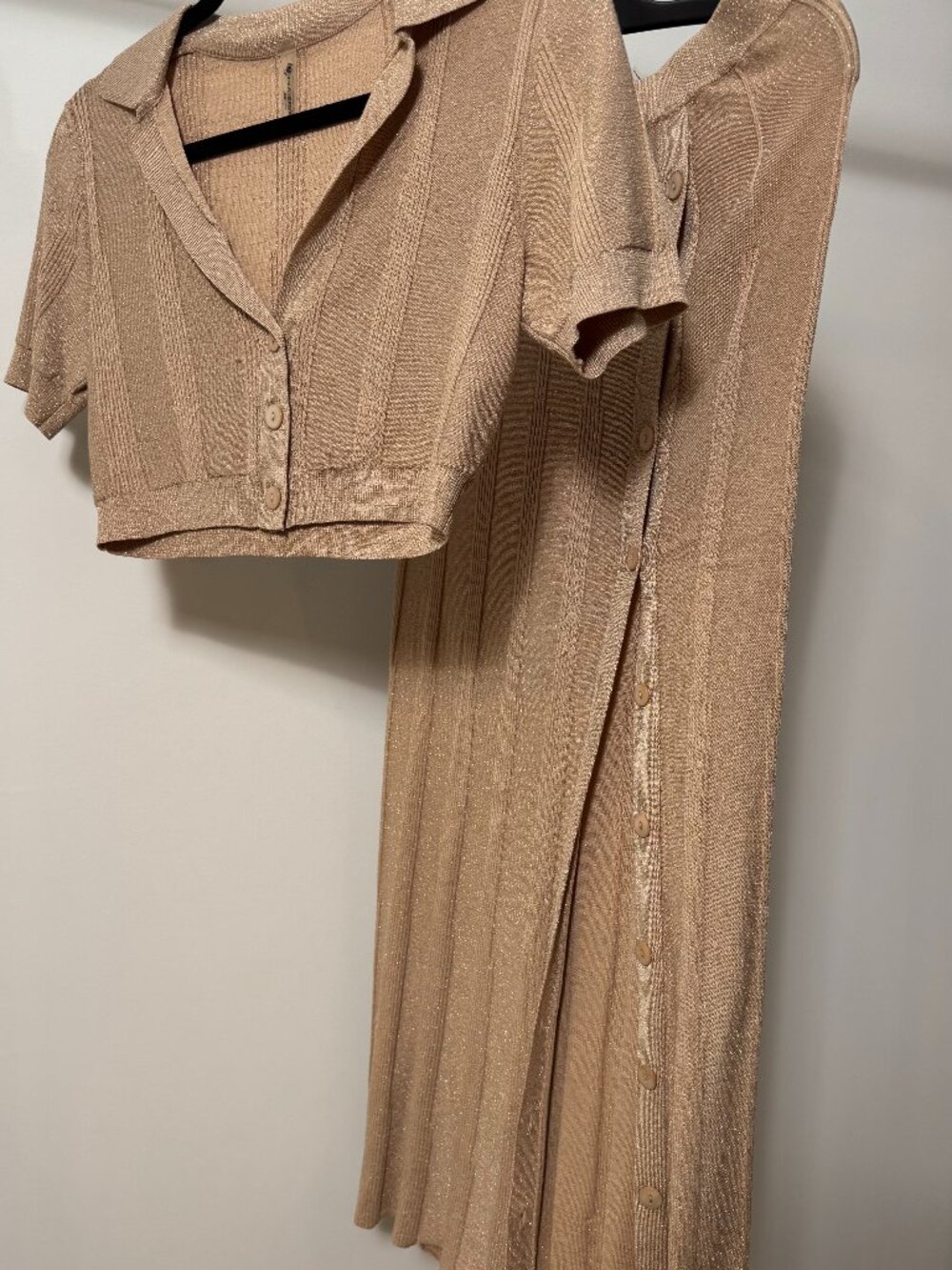 Devon Windsor Tan Ribbed Knit Crop Polo Top & Side Button Maxi Skirt Set